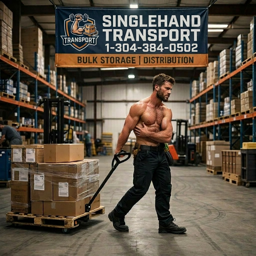 Shirtless warehouse worker pulling a pallet jack loaded with boxes in a storage facility