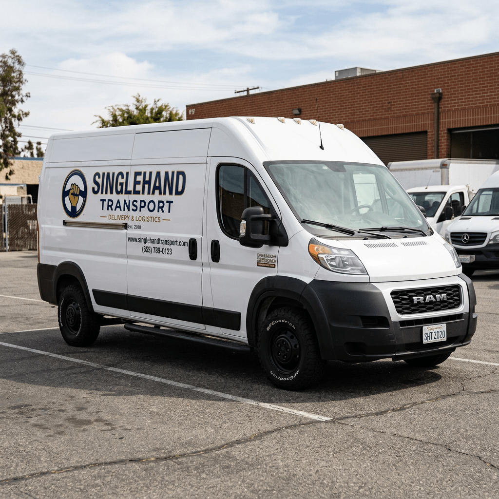 White delivery van with Singlehand Transport logo and contact information
